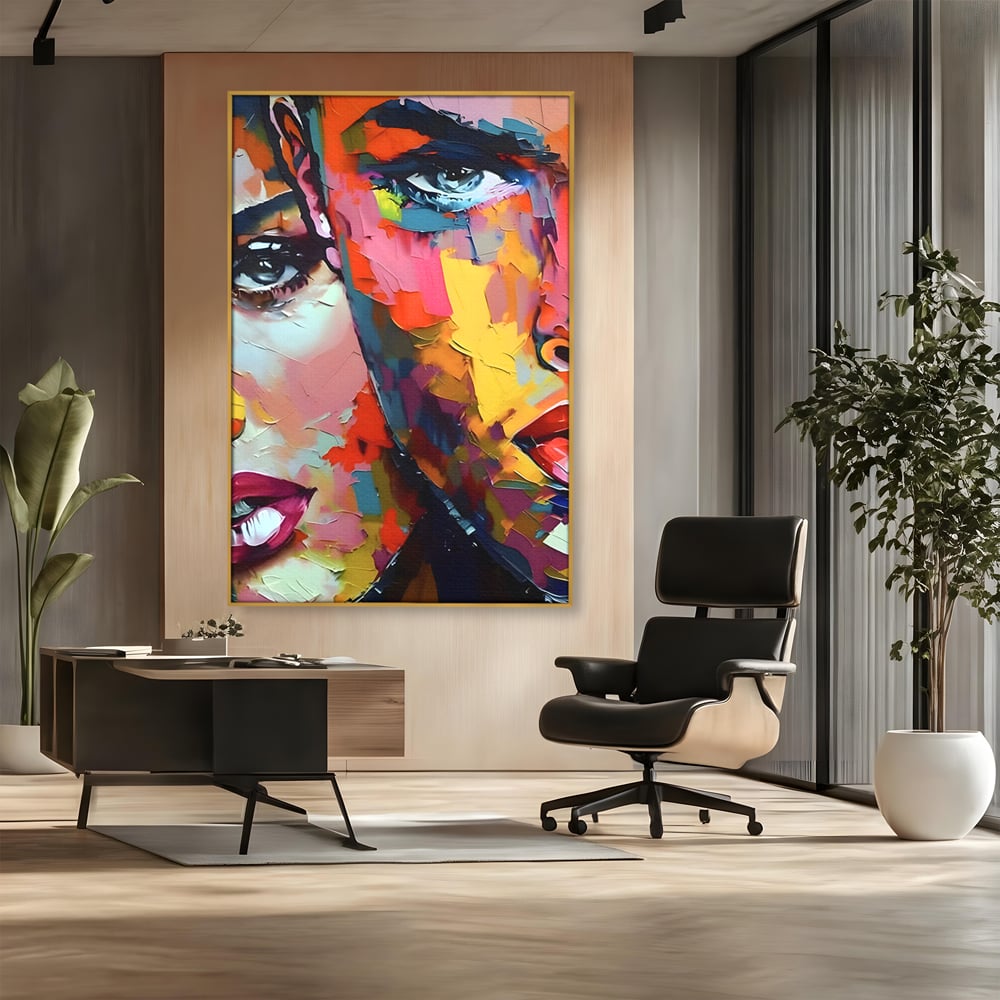 Tablou canvas cu tablou canvas cu chipuri in culori vibrante, in rama de aluminiu auriu, pe perete intr-un birou